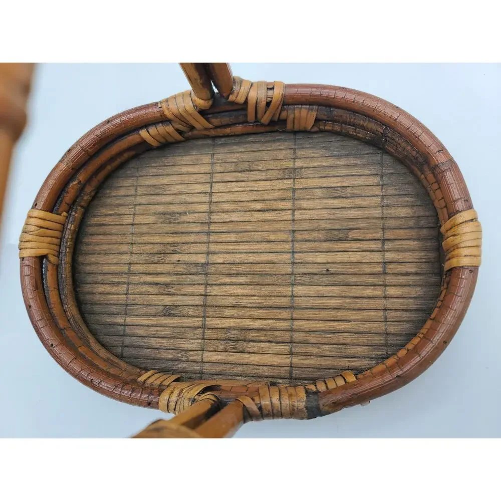 Vintage Rattan & Split Reed Oval Shape Handled Basket 9 T x 11.5 L x 8 W